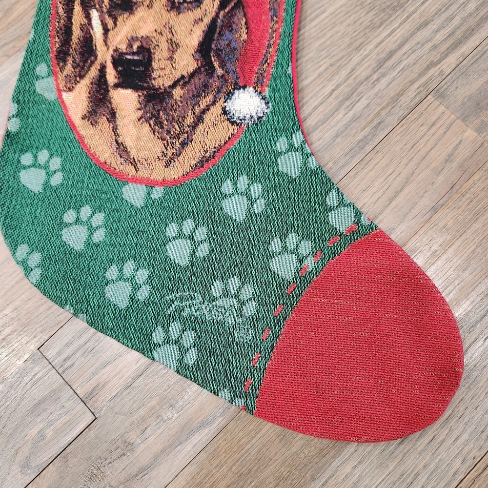 Tan Dachshund Weiner Dog Christmas Tapestry Stocking Red Green Paw Print Picken - Picture 3 of 13
